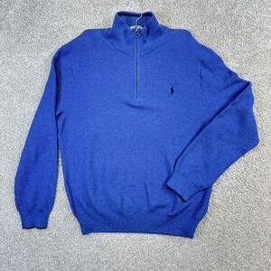 Polo Ralph Lauren Mens Blue Pima Cotton Quarter Zip Sweater Large Pony Logo L